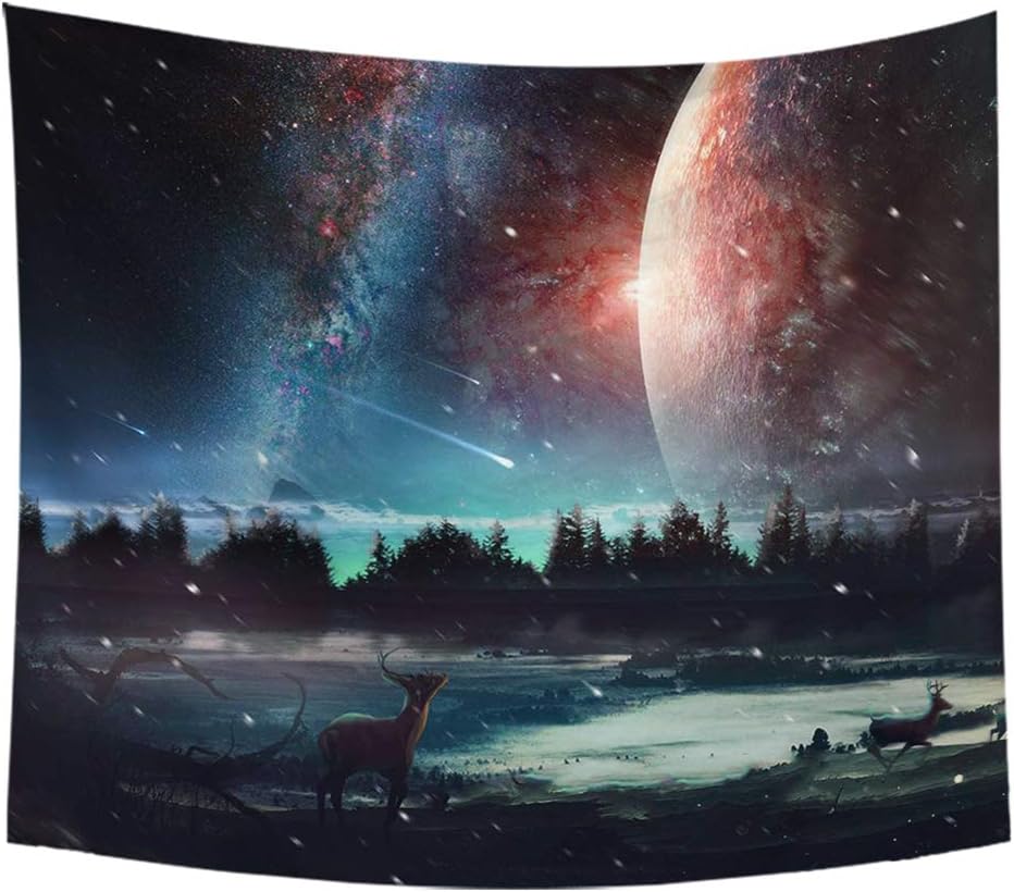 Quzzion Galaxy Stars Space Tapestry Wall Hanging Cosmic Planets Tapestry Psychedelic Outer Space Forest Moutains Universe Tapestry for Bedroom Living Room Dorm (Style 5,39.3 × 27.5 inches)