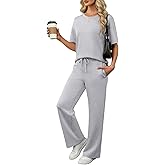 ANRABESS Women's Lounge Sets 2 Piece Outfits 2026 Summer Casual Short Sleeve Sweatsuits Matching Tracksuits Wide Leg Pant Set
