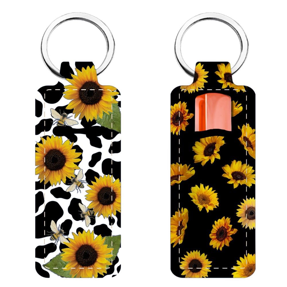 FREEBLOSS 2Pcs Chapstick Holder Keychain 1.5x3.8'' Lip Balm Holder Keychain Lightweight Lipstick Sleeve Pouch with Sunflowers Pattern for Women Girls