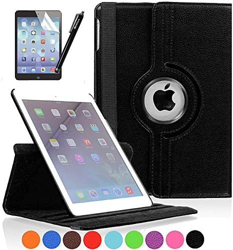 FlyStone(R) 360 Degrees Rotating Tablet Leather Case Cover Stand for Business and Travel Tablet With Vertical and Horizontal Multi Angle Stand / Auto Wake / Sleep Feature (IPAD AIR ROTATING LEATHER CASE, BLACK Case + Screen Protector + Stylus)