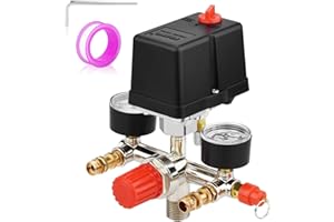 FBANG Air Compressor Pressure Switch Control Valve 110-150 PSI, Vertical 1-way switch With Manifold Regulator and Pressure gauge, Air Compressure Switch Replacement Parts 110V-240V