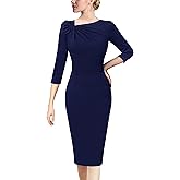 VFSHOW Womens Pleated Asymmetric Bow Neck Work Business Office Church Cocktail Party Pencil Sheath Dress