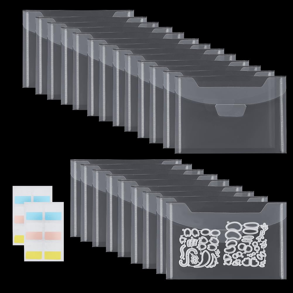 INFUNLY 30Pcs Clear Stamp and Die Storage Pockets Cutting Die Storage Bag with 60 Label Sticker Resealable Plastic Storage Pocket Cutting Dies Stencil Organizer for Card Making 8.26x7.48 Inch