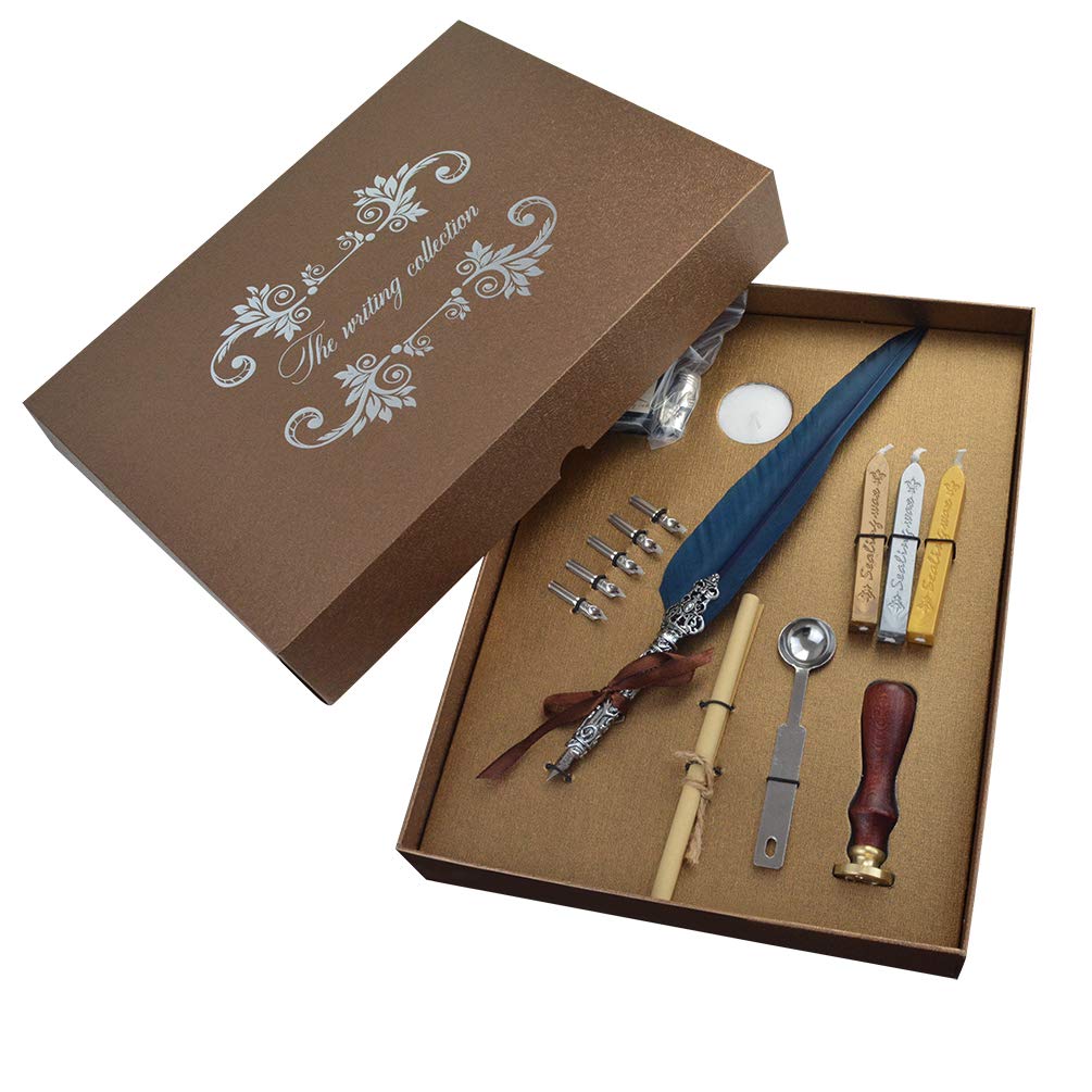 mifengda Antique Feather Dip Pen Set Vintage Writing Quill Ink Dip Pen Set Calligraphy Pen Set Luxury Quill Pen and Ink Accessories Set with 5 Metal Nibs Best Gift Set