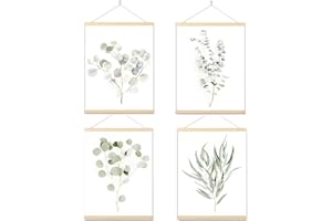 Armindou Botanical Boho Bedroom Decor Wall Art Prints, Sage Green Canvas Plants Wall Hanging Poster, Minimalist Eucalyptus Leaves Pictures Room Decor, Set of 4 Plant Art Painting with Framed 8x10 inch