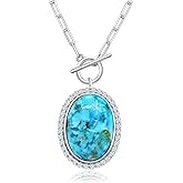 AIBAO Large Oval Turquoise/Coral/Malachite Halo Necklaces for Women 10-12 Carat Natural Gemstone Necklace Rhodium Plated Sterling Silver Statement Necklace with Toggle Clasp