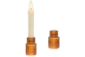 Glasseam Glass Tapered Candlestick Holders: Amber Taper Candle Holders Set of 2 Ribbed Small Candle Stick Holder for Table Centerpiece Fall for Christmas Party Halloween Thanksgiving Decor