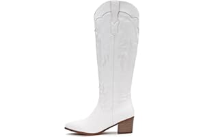 Coutgo Womens Cowgirl Boots Western Knee High Tall Boots Embroidered Chunky Heel Pointed Toe Zipper Dress Boots