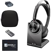 Poly Voyager Focus 2 UC Wireless Headset &amp; Charge Stand - Headphones + Charging Station + USB-C to A Adapter + USB Dongle + Pouch + Microfiber Cloth