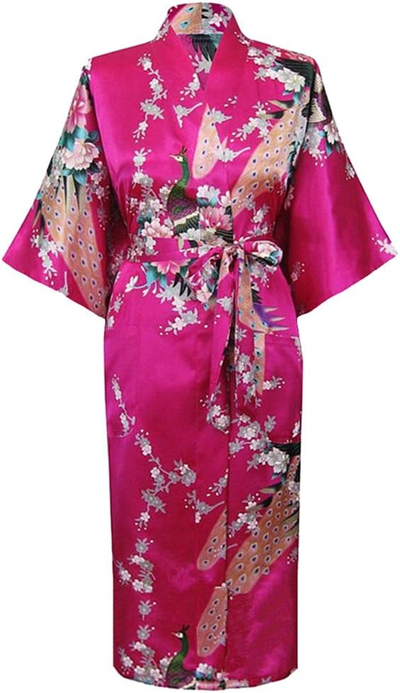 HonourSport Women's Peacock Kimono Long bathrobes Dressing Gown Japanese Robe Dress Ladies Silk