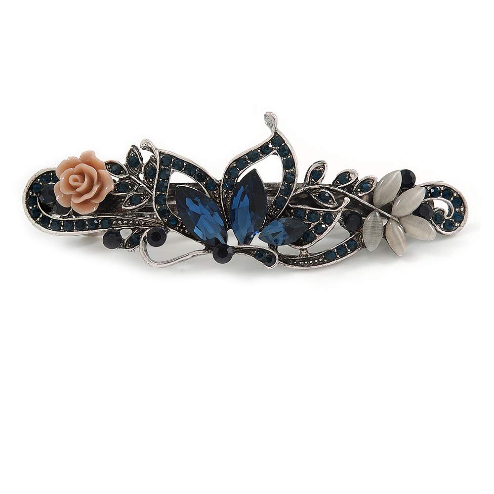 Vintage Inspired Midnight Blue Crystal Butterfly And Pink Rose Barrette Hair Clip Grip In Aged Silver Finish - 85mm Across