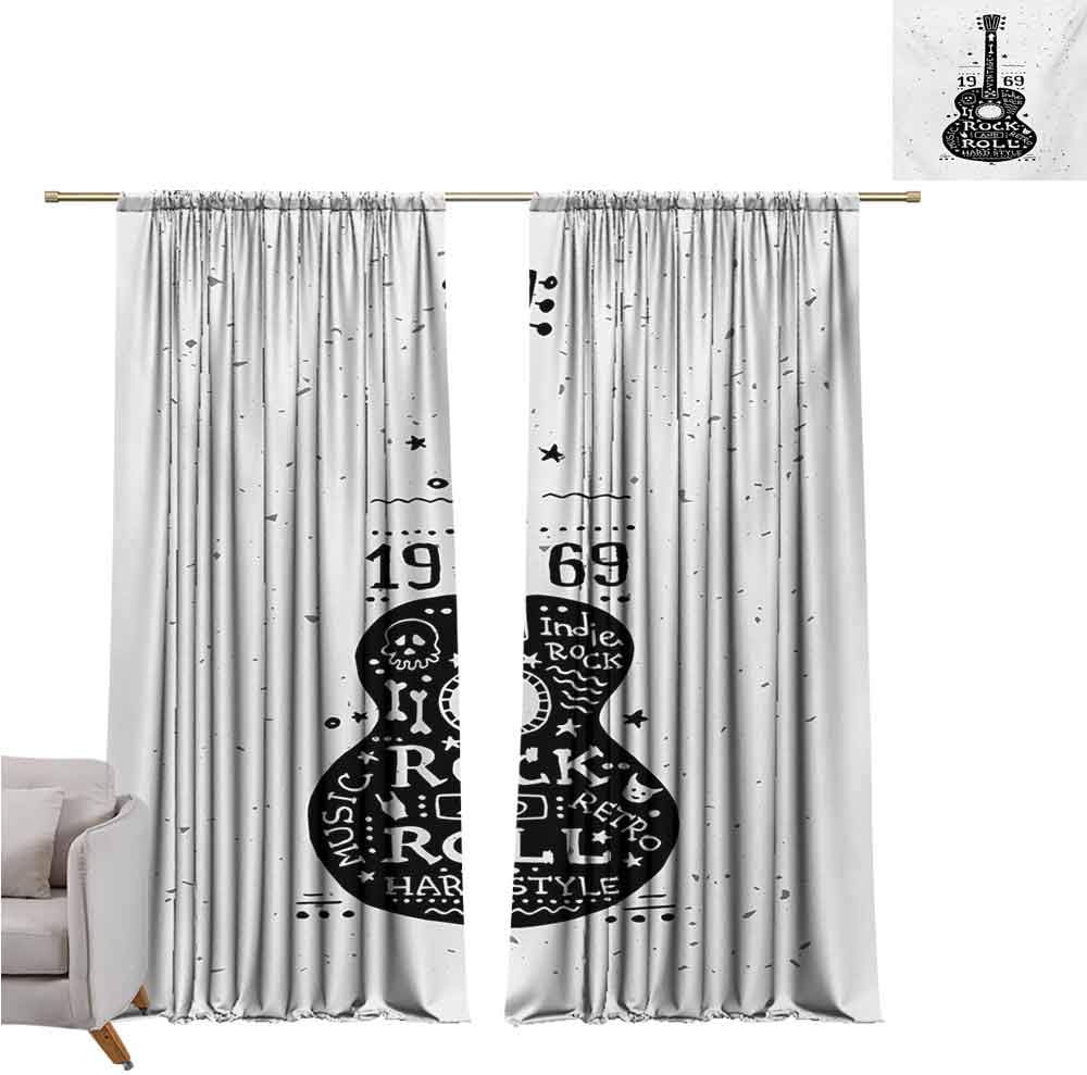Andrea Sam Navy Blue Curtains Guitar,Hand Drawn Style Instrument with Grunge Look and Retro Design Rock and Roll Theme,Black White W96 x L84 inch,Rod Pocket Adjustable