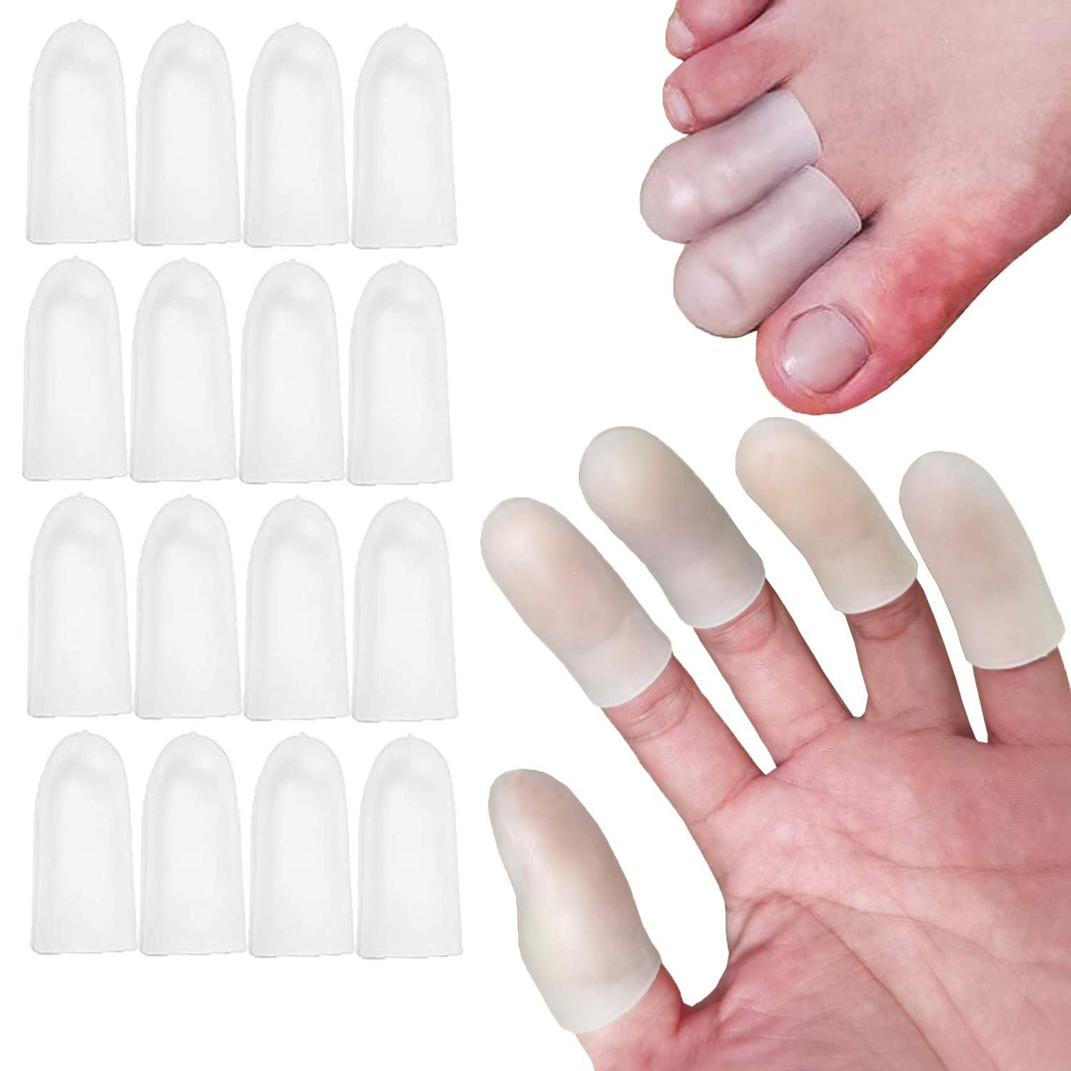 Mcvcoyh 16 Pack Gel Finger Protectors, Finger Cots, Toe Protectors, Silicone Toe Sleeves to Prevent Blister, Callus & Corn, Relief Pain from Ingrown Toenails