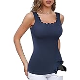 V FOR CITY Women Square Neck Tank Tops with Built in Bras Scallop Trim Fitted Camisole Ribbed Summer Top