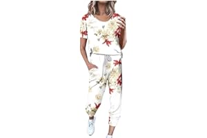 hlysgo 2 Piece Outfits for Women 2024 Summer Short Sleeve Tops Long Pants Drawstring Jogger Lounge Matching Set with Pockets