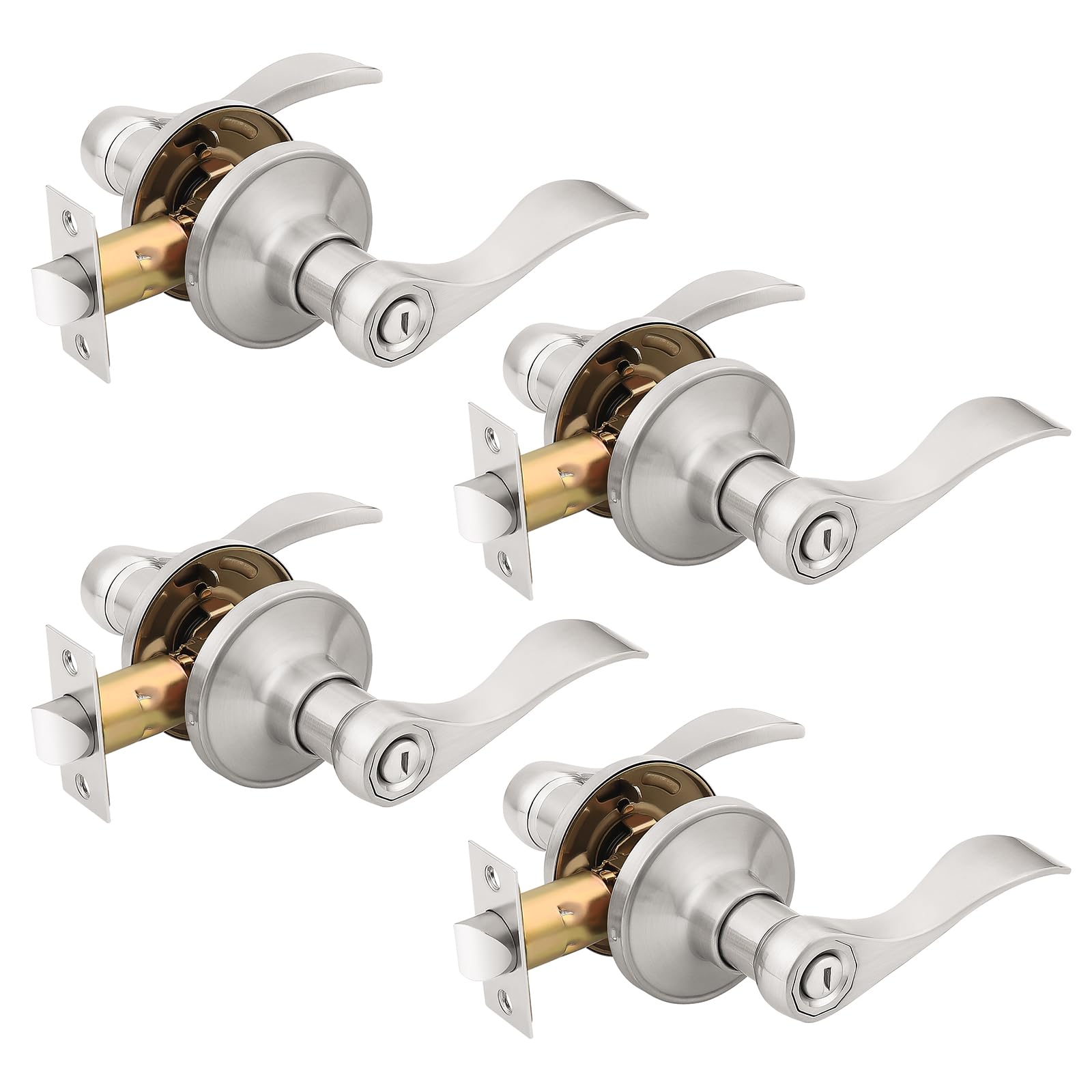 KNOBWELL 4 Pack Privacy Door Handle Brushed Nickel, Keyless Bedroom Interior Door Handles with Lock Modern Door Handles Wave Style Image