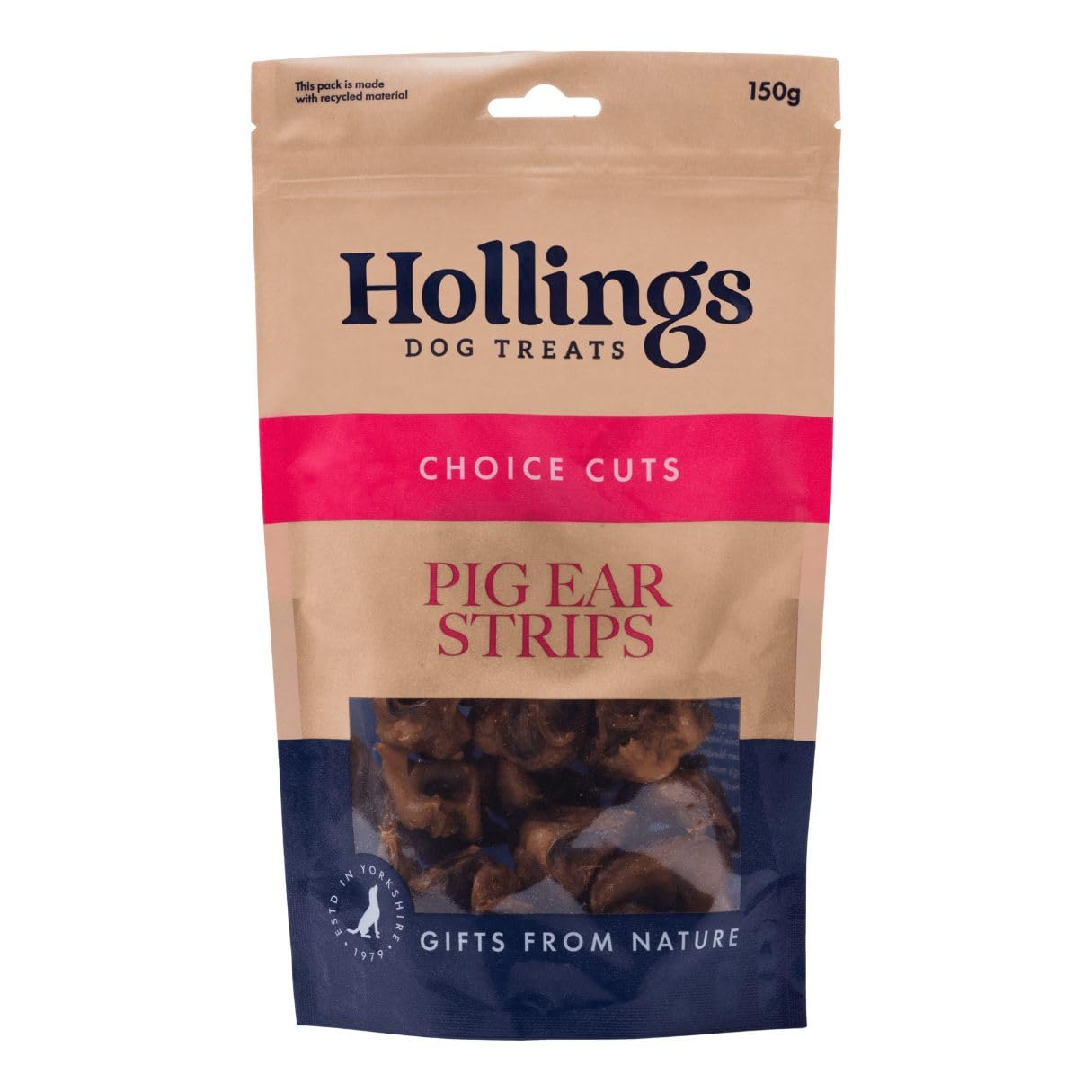 Hollings Pig Ear Strips Dog Treats, 100% Natural Air Dried Long Lasting Chews for Adult Dogs, Grain Free & High in Protein (150g)