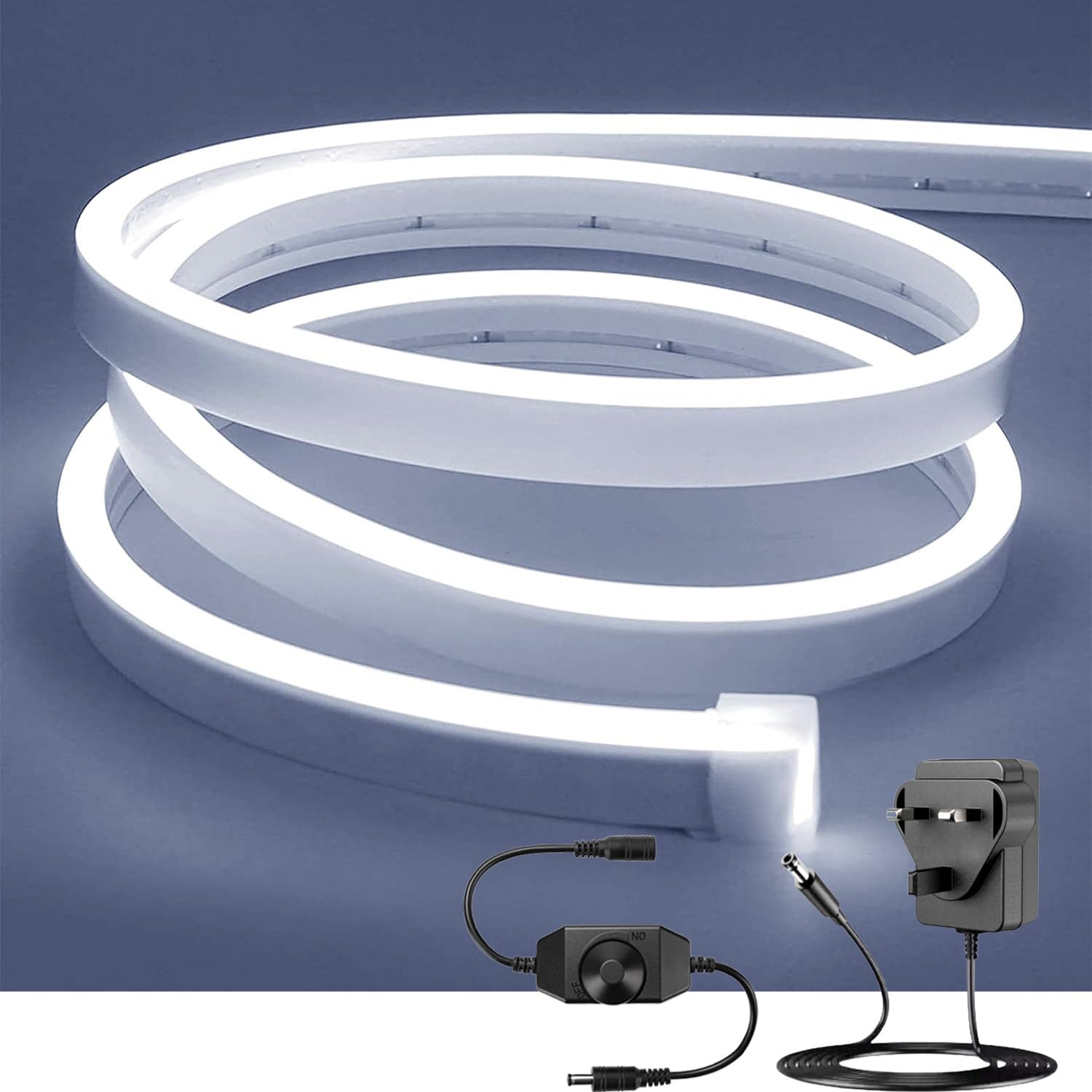 ShineBurky Neon Led Strip Light White, 16.4ft/5m Dimmable Flexible LED Rope Lights with Adapter and Dimmer, Waterproof Silicone Led Strips for Bedroom Kitchen Indoor Outdoor Decoration