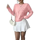 Verdusa Women's Spring 3D Flower Appliques Crewneck Sweaters Long Sleeve Drop Shoulder Pullovers Knit Going Out Tops