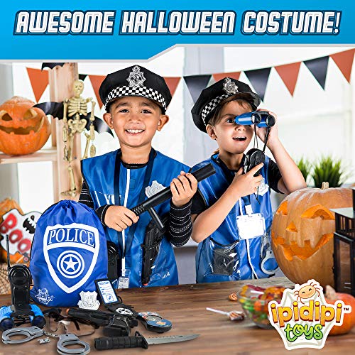 Police Officer Role Play Kit - 15 Piece Policeman Pretend Play Set - Hat Vest Badge Handcuffs Binoculars - Cop Costume Accessories - Detective, Swat Gear for Kids Dress Up - Bag for Halloween Included - Thumbnail 2