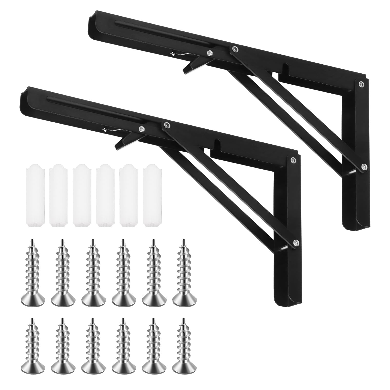 Tanstic 2 Pack 12 Inch Folding Shelf Brackets, Heavy Duty Wall Mounted Shelf Bracket, Metal Collapsible Shelf Bracket Triangle Shelf Support, Space Saving for Table Bench, Max Load 440lb(Black)