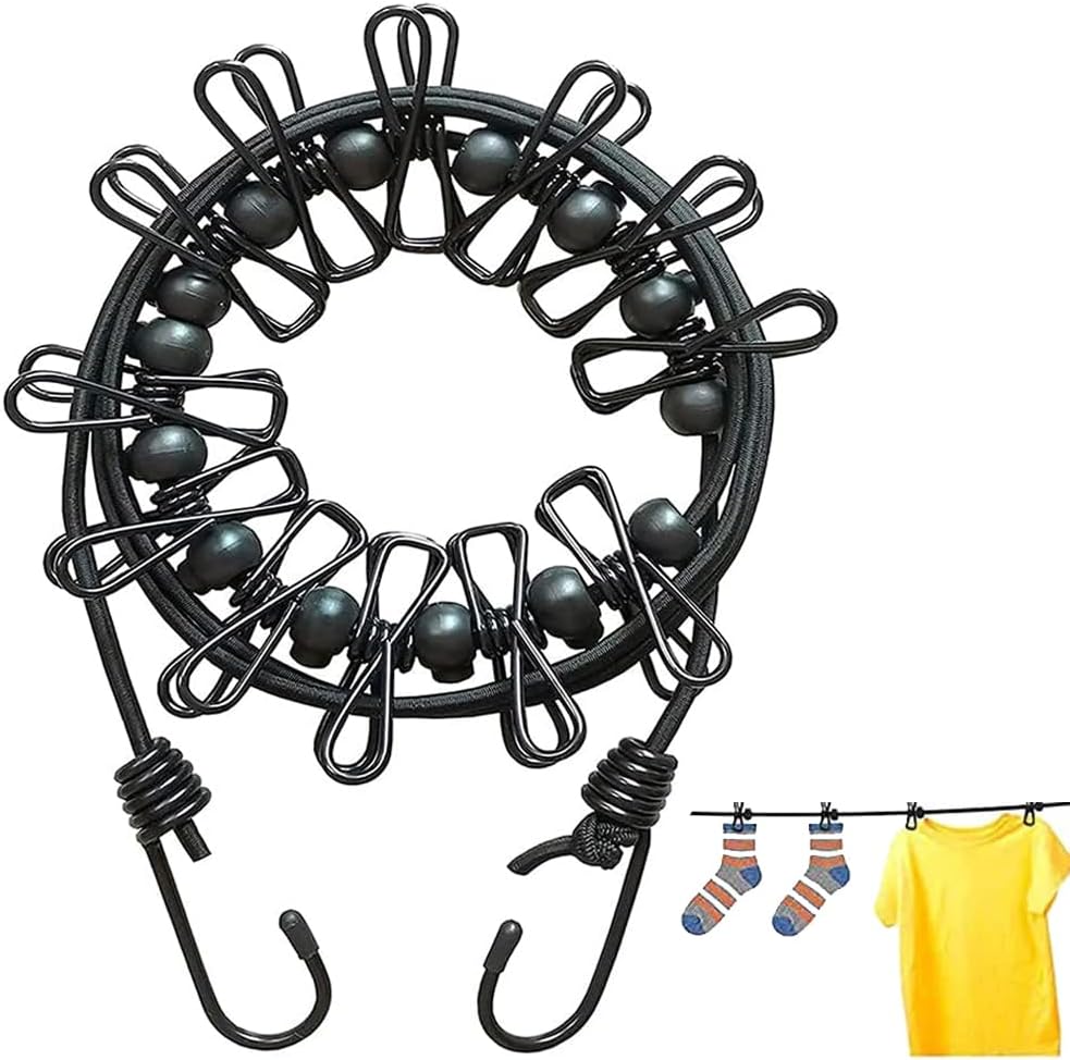 TJVNM Portable Adjustable Travel Clothesline with 12 Clips - Black