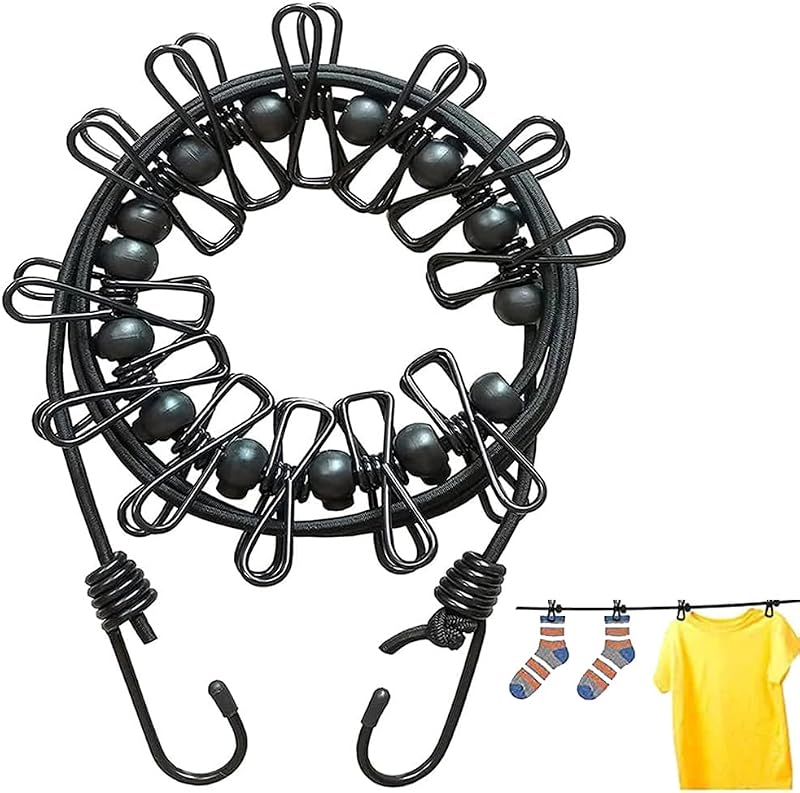 TJVNM Portable Adjustable Travel Clothesline with 12 Clips - Black