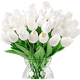 U'Artlines 30Pcs Fake Tulips Artificial Flowers with Stems Faux Tulips Bouquet Real Touch Flower for Wedding Home Kitchen Spring Easter Mother's Day Floral Arrangement Decor (White)