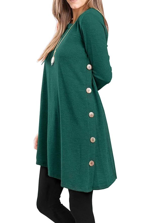 Ehpow Damen Langarm Pullover Kleid Rundhalsausschnitt Button Side Tunika T-Shirt Kleider