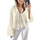 Bow Tie Front Tops for Women V Neck Linen Lace Up Shirts Casual Long Flare Sleeve Blouese Summer Going Out Tops