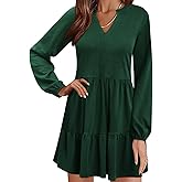 QACOHU Women Spring Tunic Dress 2026 V Neck Casual Tiered Long Sleeve with Pockets A-Line Swing Mini Babydoll Dress