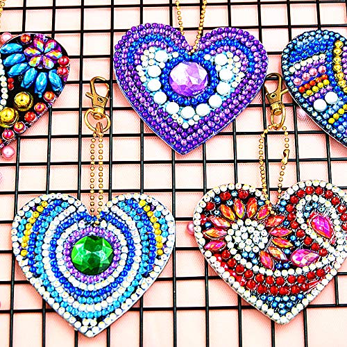 HuaCan 5 Pack DIY 5D Diamond Painting Keychain Round Drill Heart Keyring Crystal Rhinestone Bag Pendant Cross Stitch Mosaic Arts Craft Paint by Number Kits for Kids Adults