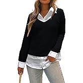 Oyamiki Women's Casual Collared Curved Hem 2 in 1 Pullover Tops Plaid Contrast Shirt Blouse
