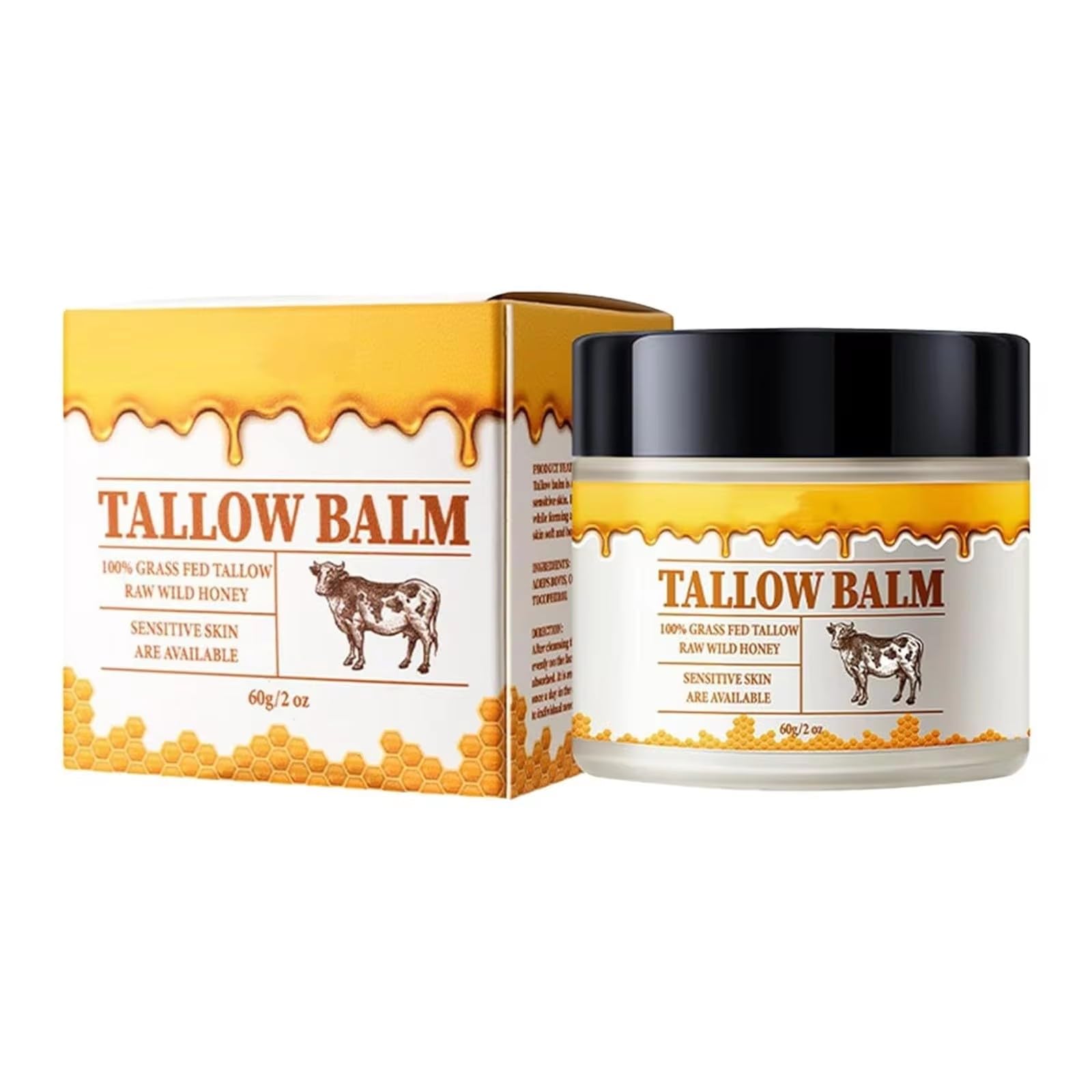 Beef Tallow, Beef Tallow for Skin, Tallow and Honey Cream, Organic Beef Tallow Balm for Face Moisturizer with Raw Wild Honey for All Purpose Balm, Natural Beef Tallow Lotion for Skin Care (60g)