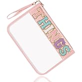 Chenille Letter Clear Bag Things Purse, Monogram PVC & PU Clear Zipper Pouch with Wristlet, Waterproof Portable Glitter Snacks Makeup Beach Pouch Toiletry Bag for Women Girls (THINGS-Pink)