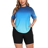 Halcurt Women's Plus Built in Bra Rash Guard Two Piece Swim Shirt and Pockets Boyleg Shorts