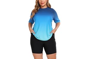 Halcurt Women's Plus Built in Bra Rash Guard Two Piece Swim Shirt and Pockets Boyleg Shorts