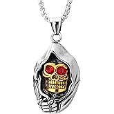 Men’s Gothic Grim Reaper Skull Pendant Necklace Steel with Red Crystal Eyes and Hooded Design