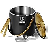 Bakpoco 4L Ice Bucket with Silicone Lid, Scoop, Gold Tongs & Strainer, Stainless Steel Double Wall Insulated Ice Buckets for Parties & Cocktail Bar Outdoor Champagne Ice Container Bin, Black