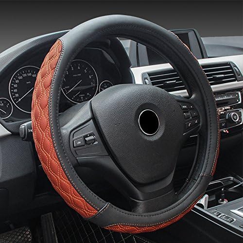 EcoGehen Universal Car Steering Wheel Cover Genuine Leather 38CM/15'' Heavy Duty Elegant Anti-Slip Non-toxic - Black/Orange