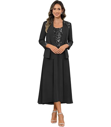2 Pieces Mother of Bride Dress with Jacket Plus Size Beaded Grandmother Dress Tea Length Formal Evening Gowns PG038 Black at Amazon Women's Clothing store