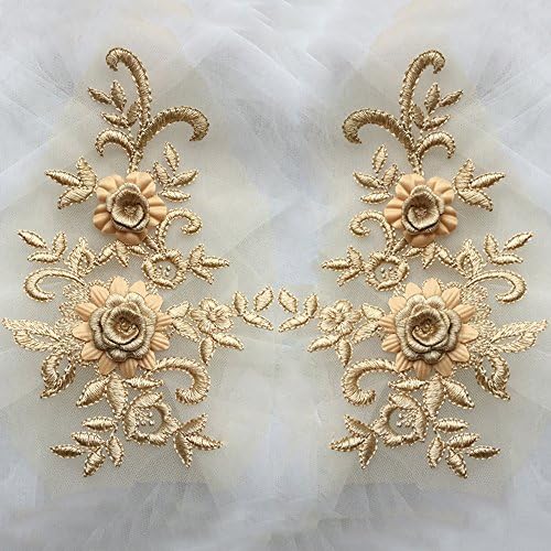 USJee 1 Pair 3D Embroidery Dark Yellow Lace Flower Applique Patch Sewing Craft Decoration