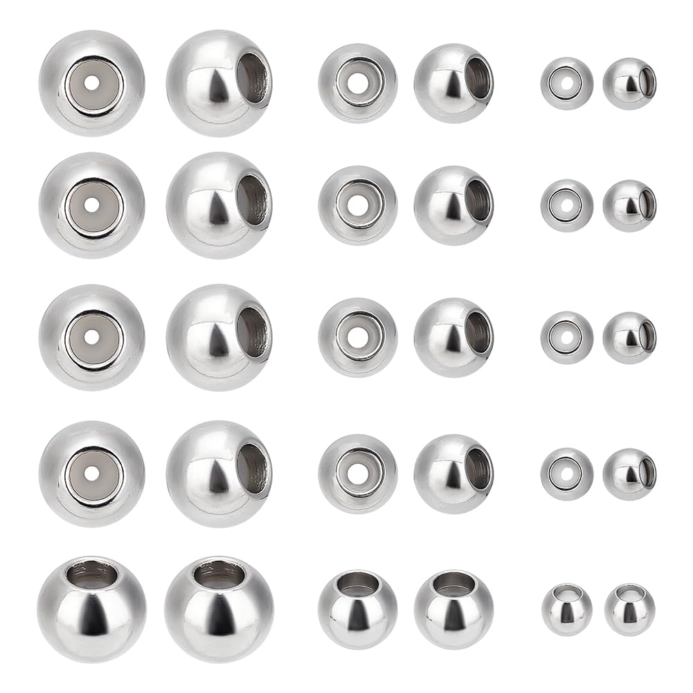 PH PandaHall 30pcs Stainless Steel Stopper Beads Slider Beads Rondelle Spacer Bead with Rubber Inside Fit Adjustable Slider Chain, Jewellery Bracelet Necklace Making 4/6/8mm