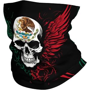 Mexico Mexican Mex Flag Skull Neck Gaiter Face Mask for Men Women, Seamless Bandana Balaclava Headband Head Wrap for Cycling