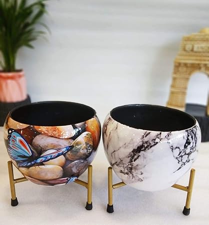 Exotic Green Abstract White & Butterfly Combo Designer Pot with Stand | Beautiful Metal Planters for Living Room and Balcony | Modern Design Table Top Flower Plant Pots I (2 Pcs Combo)