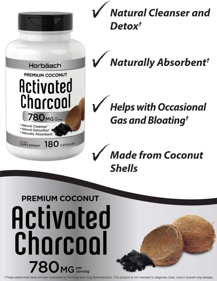 Horbaach Activated Charcoal 180 Capsules | from Coconut Shells | Non-GMO and Gluten Free Pills | Helps Bloating and Digestion: Health & Personal Care
