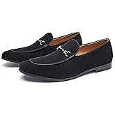 Men's Velvet Chunky Heel Penny Loafers with Metallic Embellishments Stylish Casual Smoking Shoes Round Toe Slip On Moccasin Dress Shoes for Business Formal Work