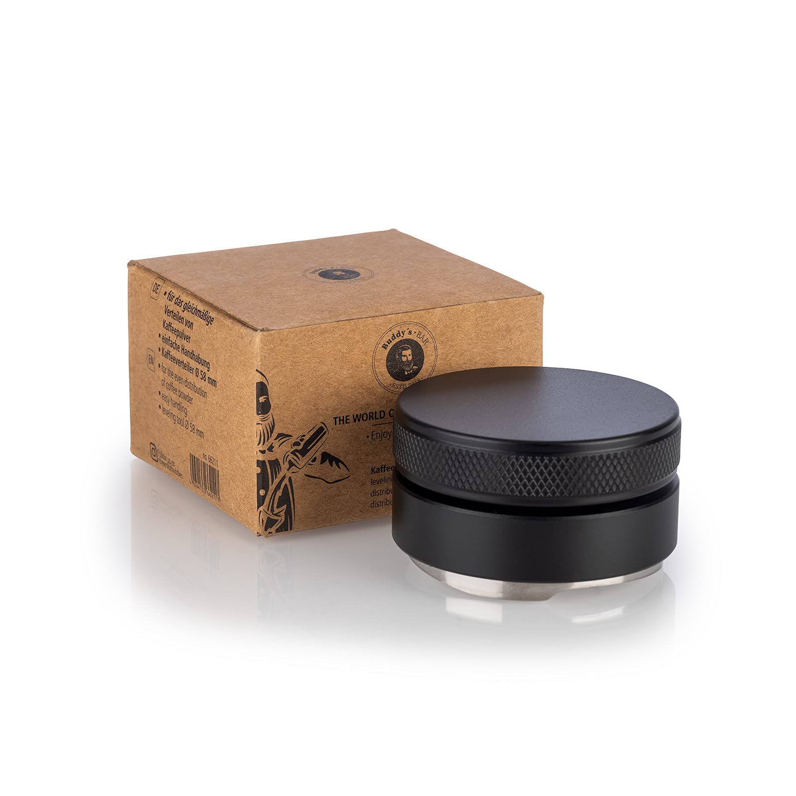 Buddy´s Bar - Barista Edition, coffee distributor, diameter 58 mm base, height: 3.5 cm, levelling tool for espresso coffee grounds made of stainless steel, aluminium, for 58 mm portafilters, black