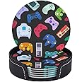 SEPTYK Video Game Weapon Controller Pattern Coasters for Drinks with Holder Set of 6 Leather Round 4" for Home Kitchen Decor Coffee Cup Housewarming