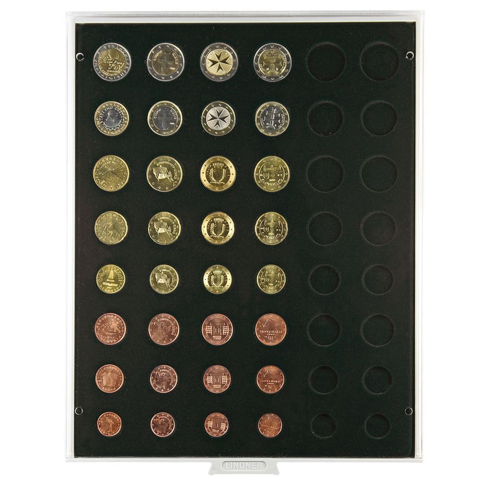 Coin box with 48 compartments for 6 regular Euro coins sets [Lindner 2506C] Carbo (Grey Drawer / Black Insert)